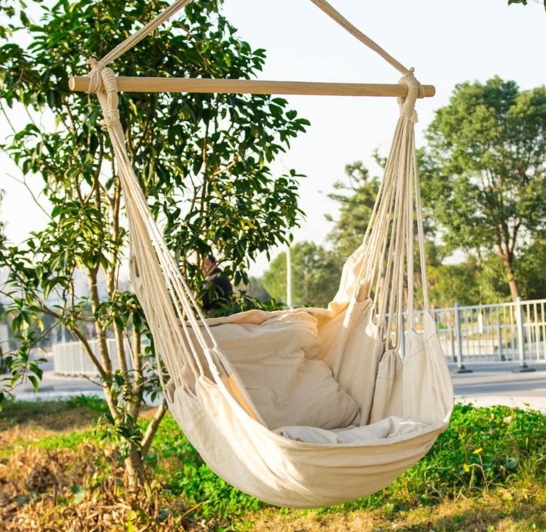 WOQI Outdoor Portable Hanging Macrame Swing Hammock Chair with Pocket Rope Swing Lawn Chair