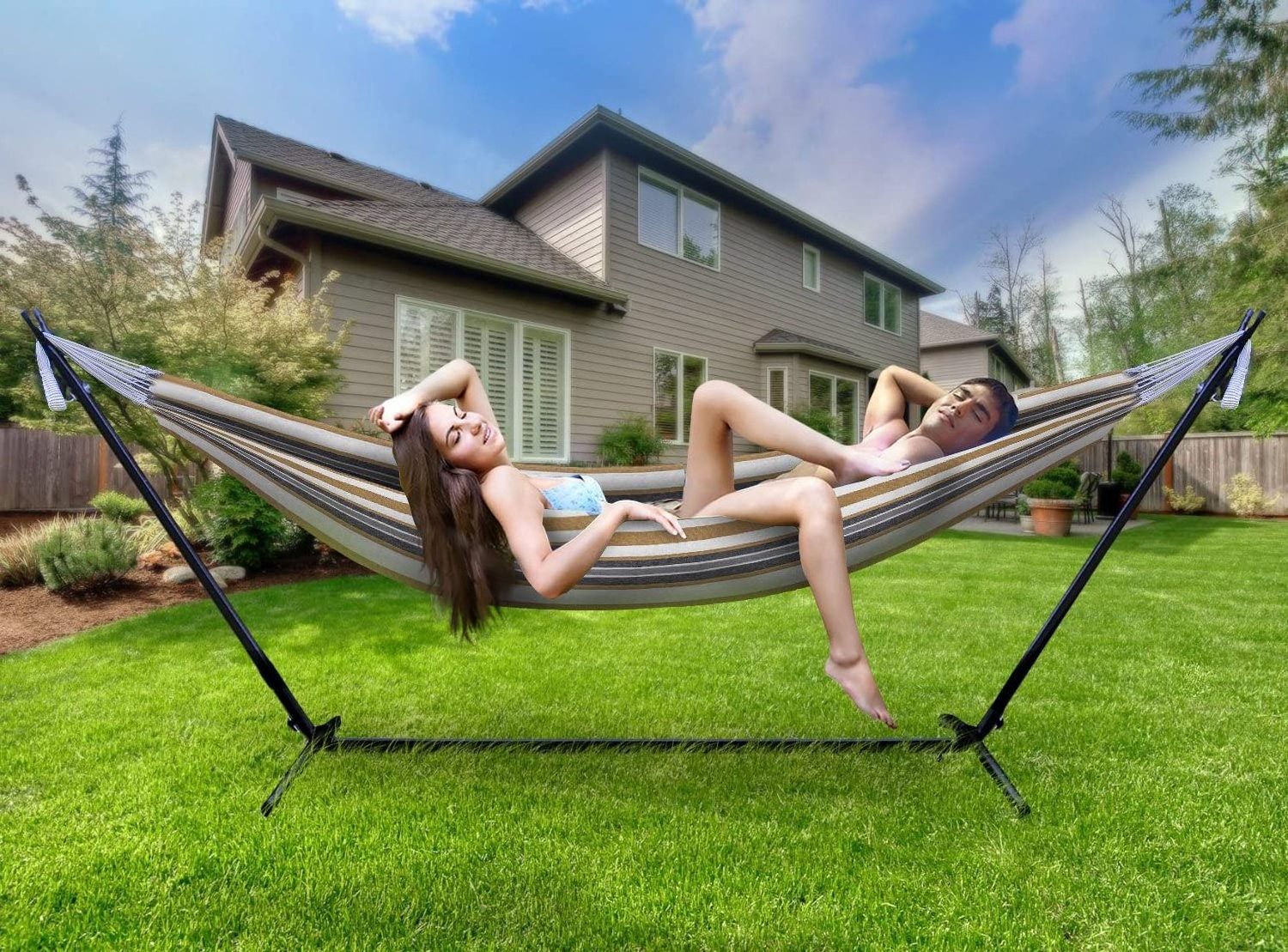 Woqi  Hot Selling Portable Outdoor Indoor  Double Hammock with Steel Stand Two Person Adjustable Hammock Bed