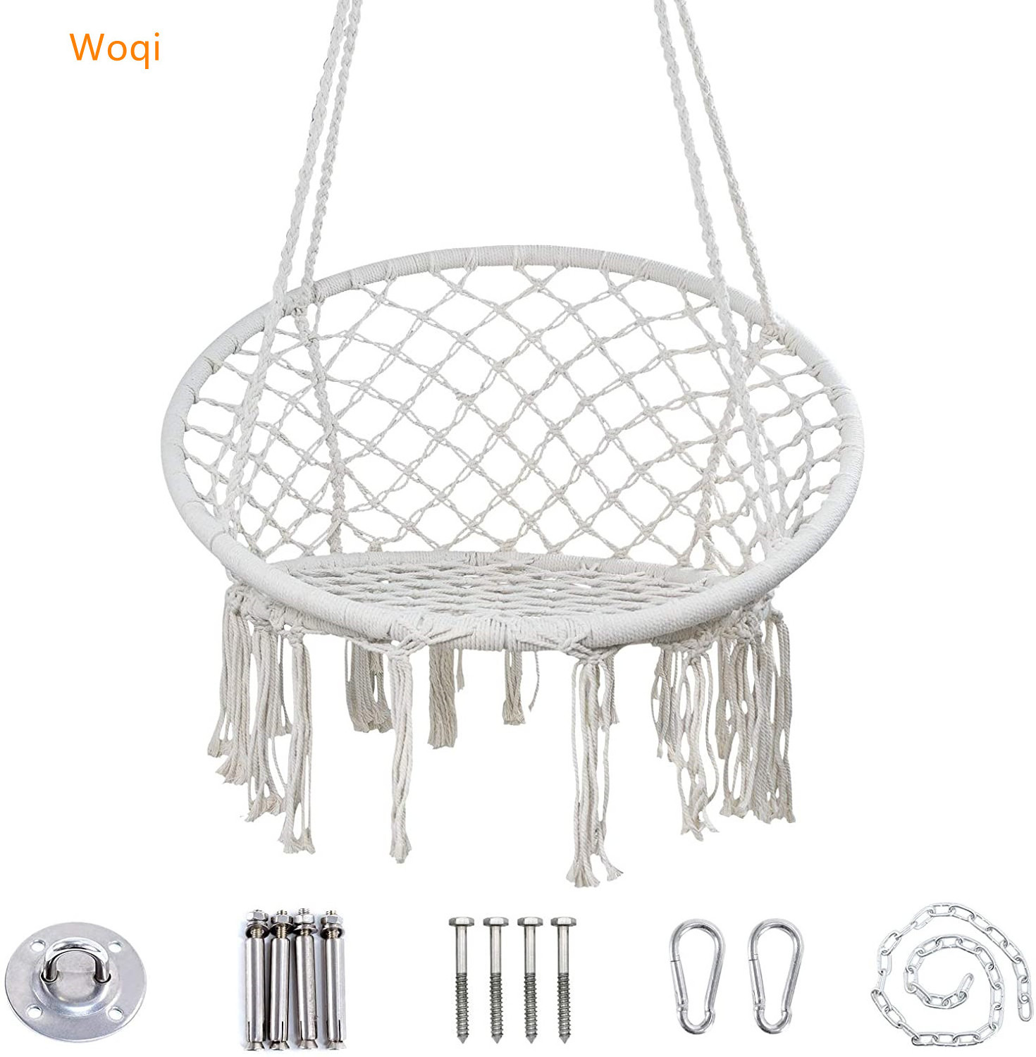 WOQI Supplier LOW MOQ Hammock Chair Hanging Knitted Mesh Cotton Rope Macrame Swing, with Hanging Kit and Chain