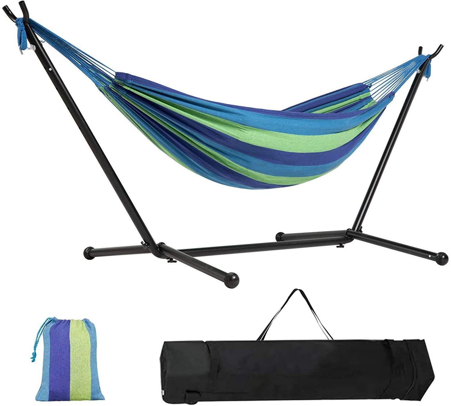 WOQI Double Hammock with Steel Stand Two Person Adjustable Hammock Bed Storage Carrying Case Included Blue