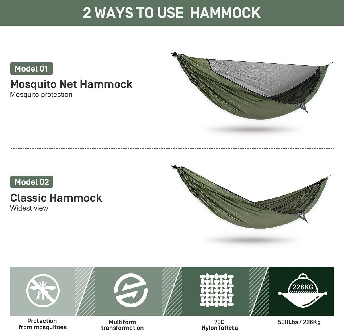 WOQI North America 4 Season Double Person Outdoor Canopy Hammock Net Ripstop Nylon Outdoor Camping Mosquito Hammock