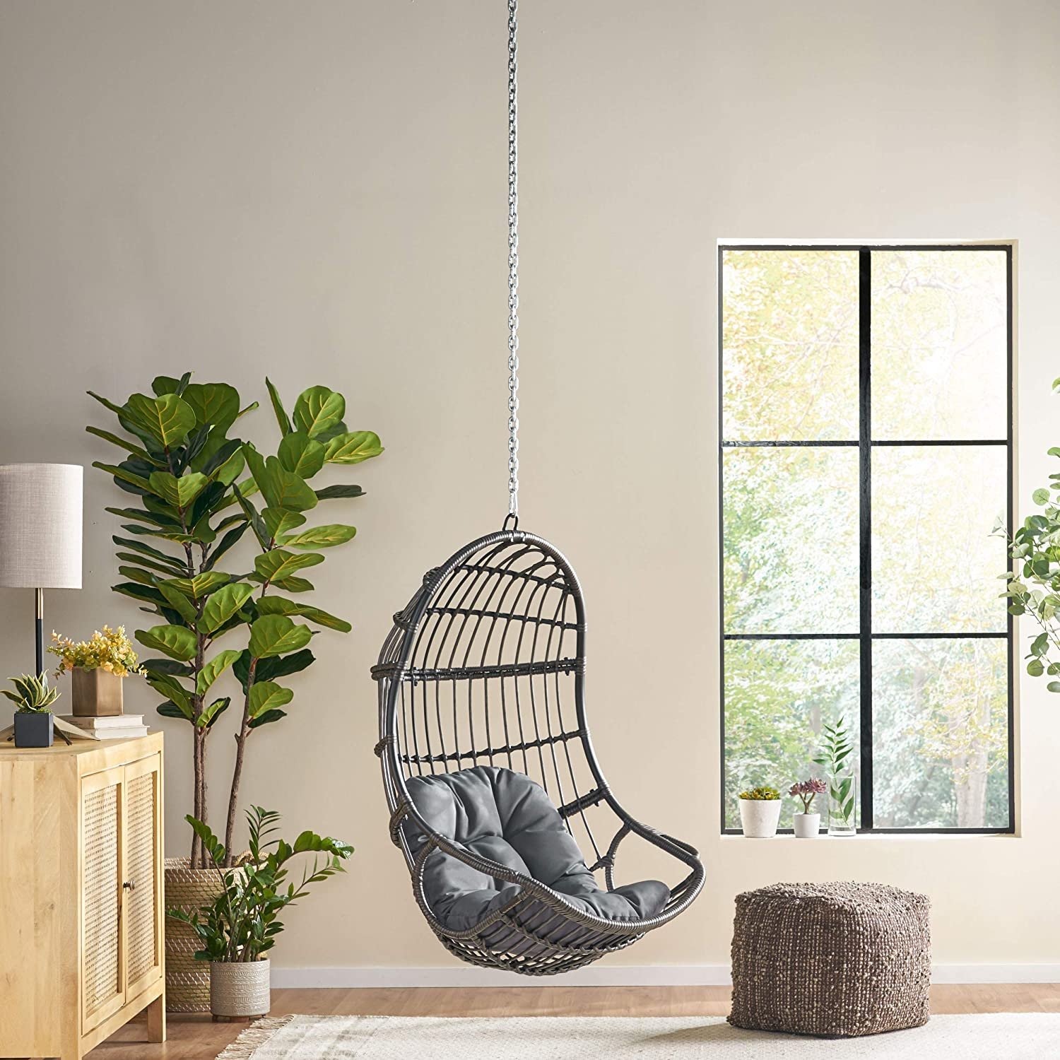 Woqi Foldable Hanging Basket Chair Set Rattan Wicker Hanging Swing Chair Hammock with Cushion