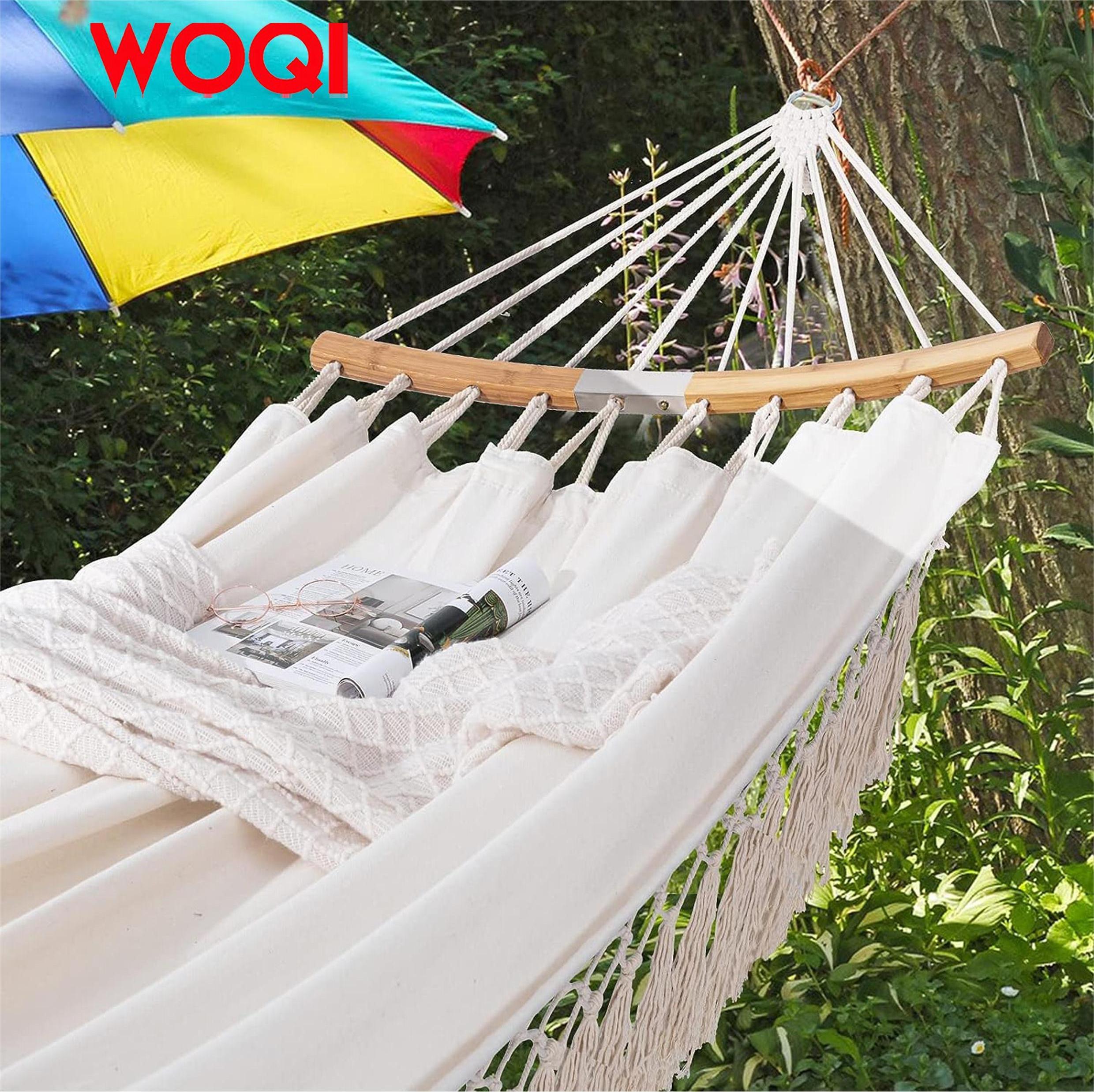 WOQI tassel double hammock hammock, cotton portable hammock, suitable for trees, camping, backyard, etc