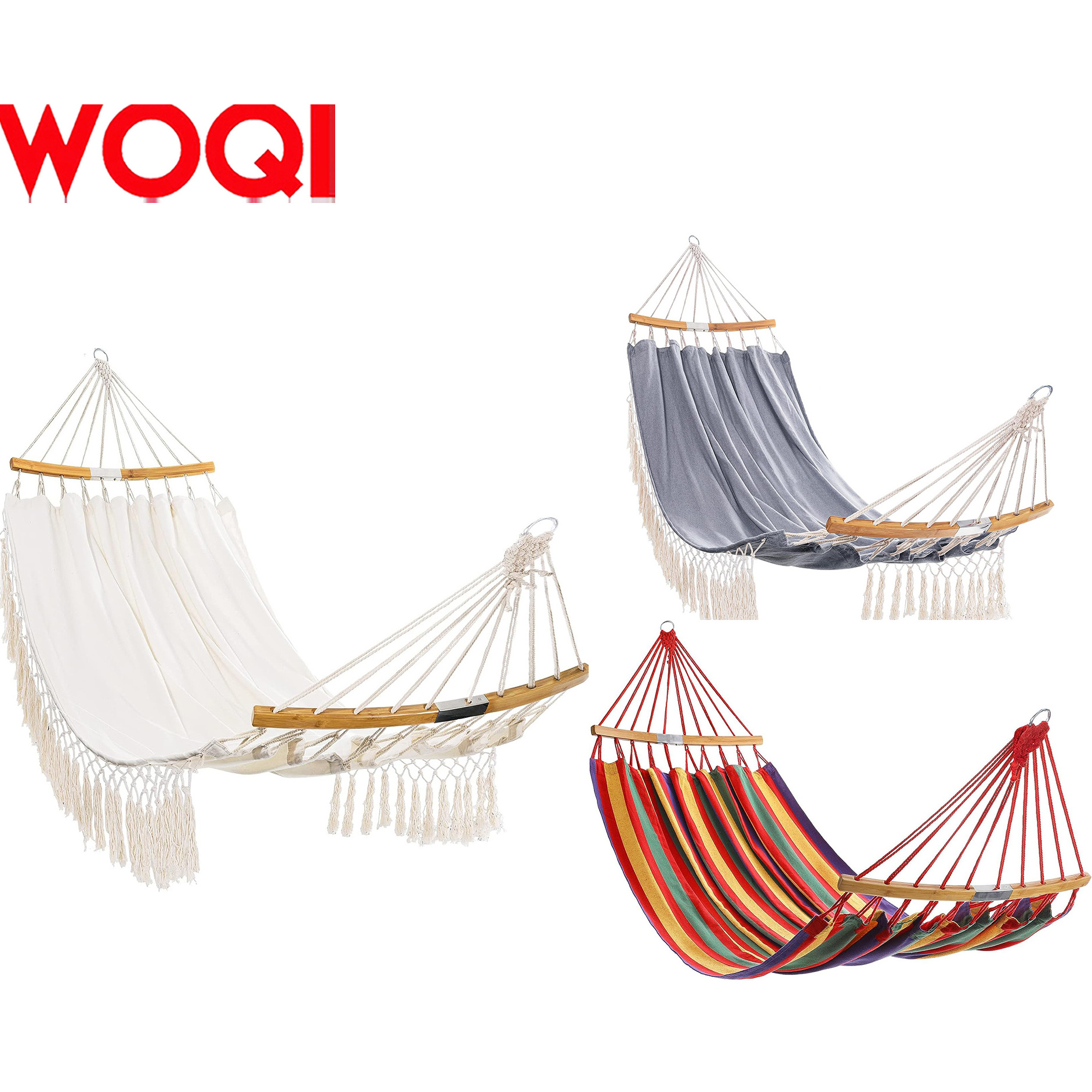 WOQI tassel double hammock hammock, cotton portable hammock, suitable for trees, camping, backyard, etc