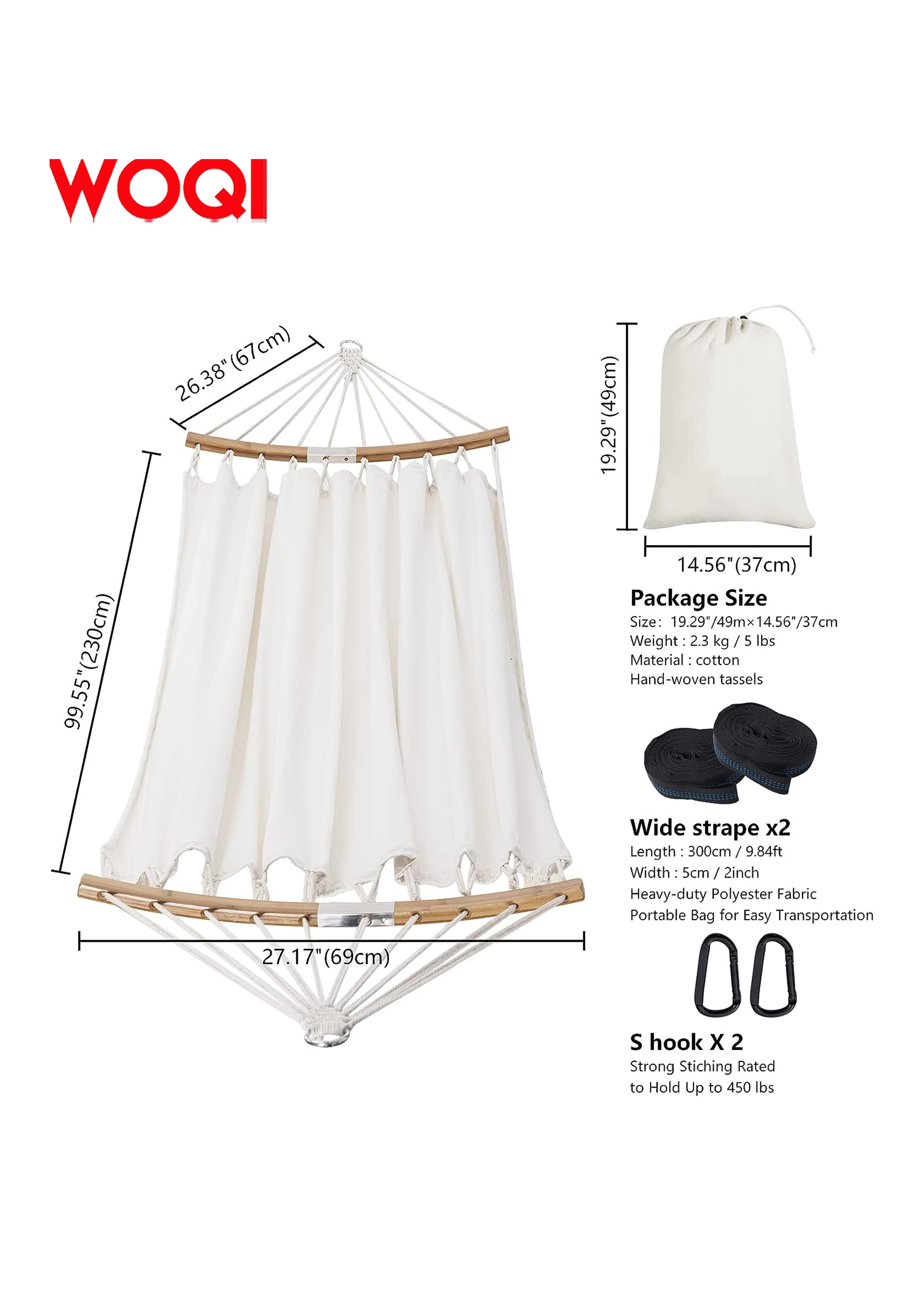 WOQI tassel double hammock hammock, cotton portable hammock, suitable for trees, camping, backyard, etc