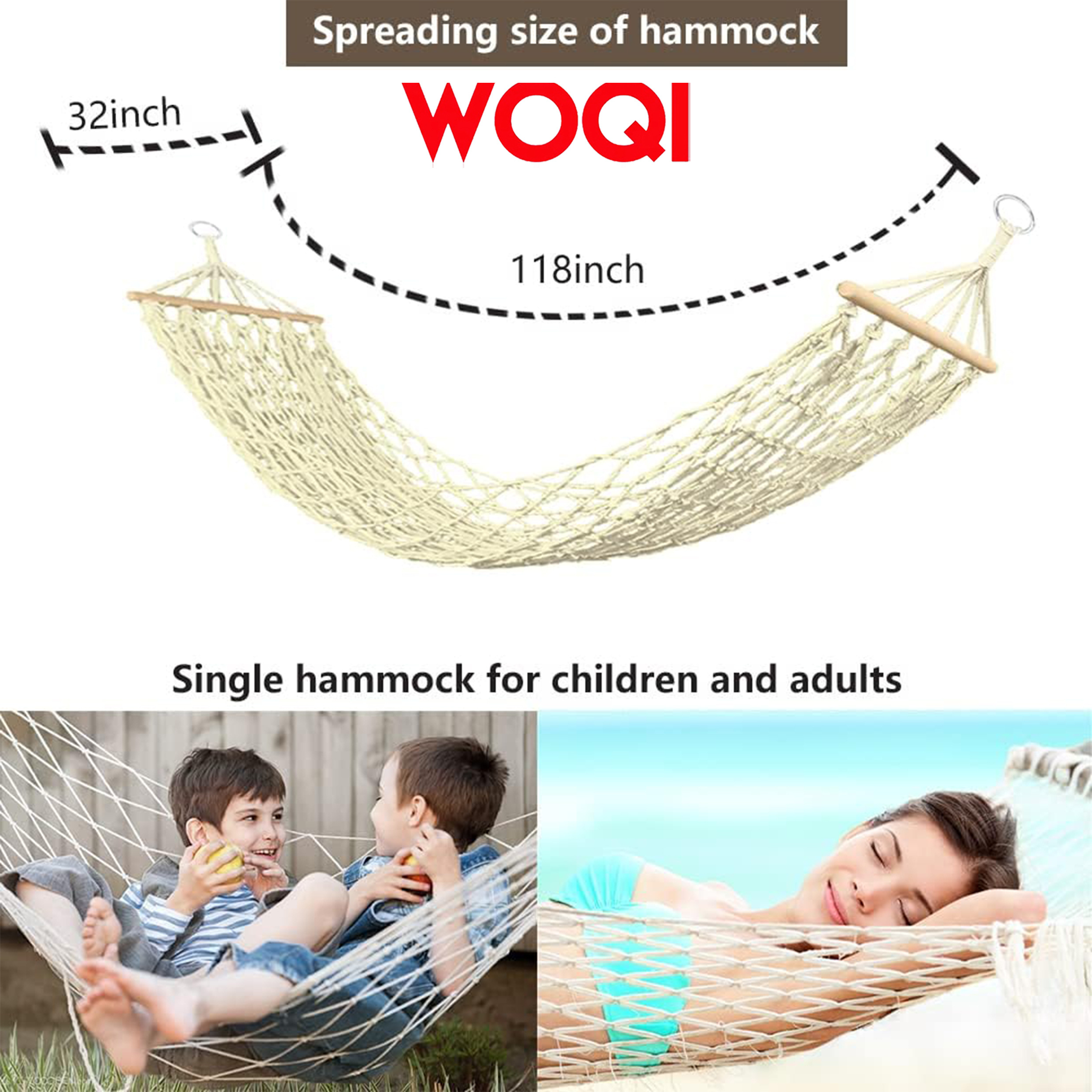 WOQI hand woven cotton rope hammock, outdoor, indoor, terrace, courtyard children's hammock