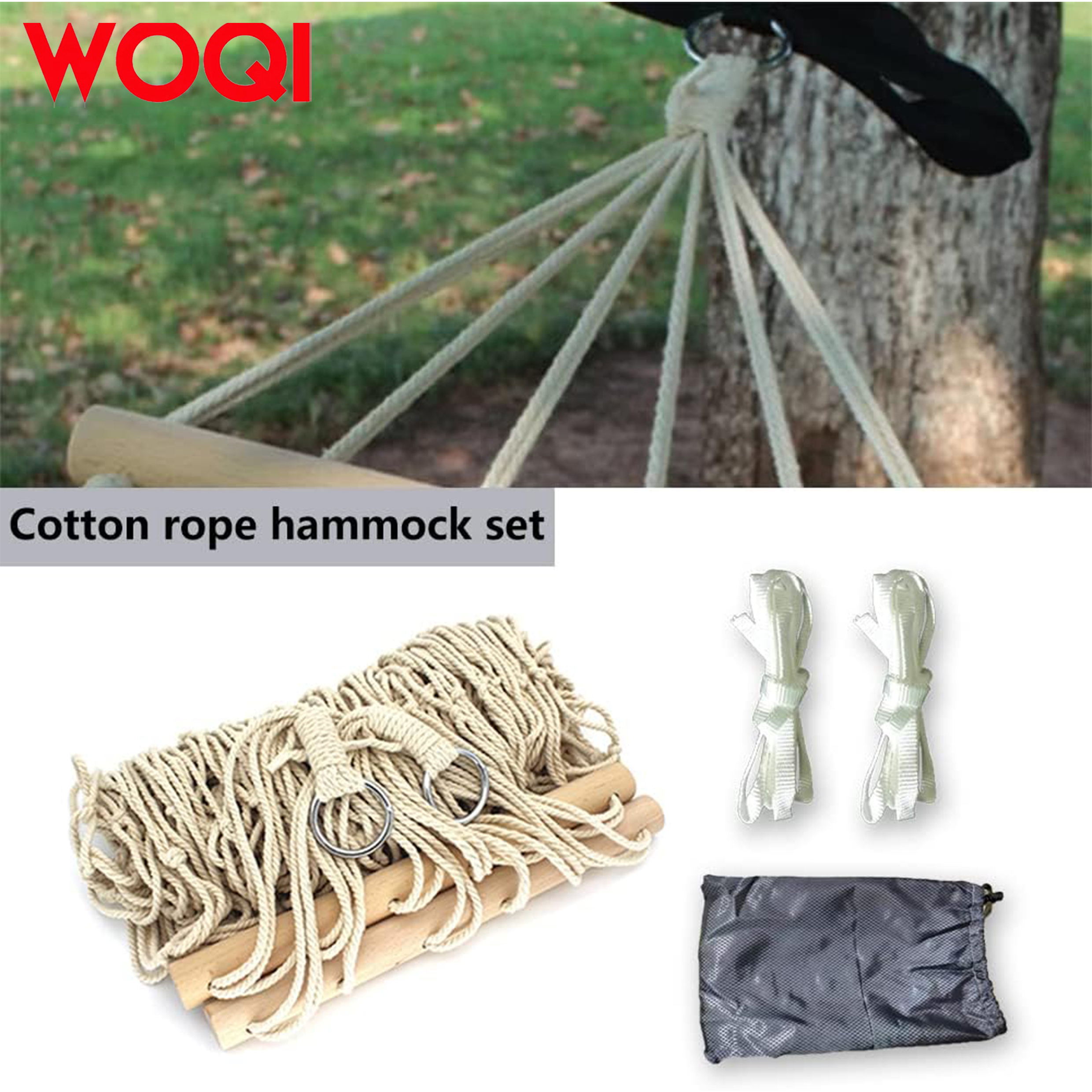 WOQI hand woven cotton rope hammock, outdoor, indoor, terrace, courtyard children's hammock