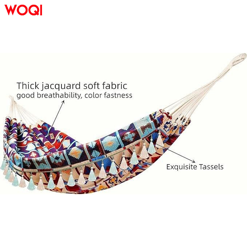 WOQI High Quality Indoor and Outdoor Camping Canvas Two Person Printed Tassel Hammock and Rocker Chair