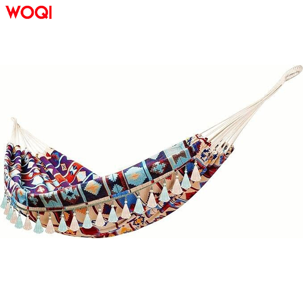 WOQI High Quality Indoor and Outdoor Camping Canvas Two Person Printed Tassel Hammock and Rocker Chair