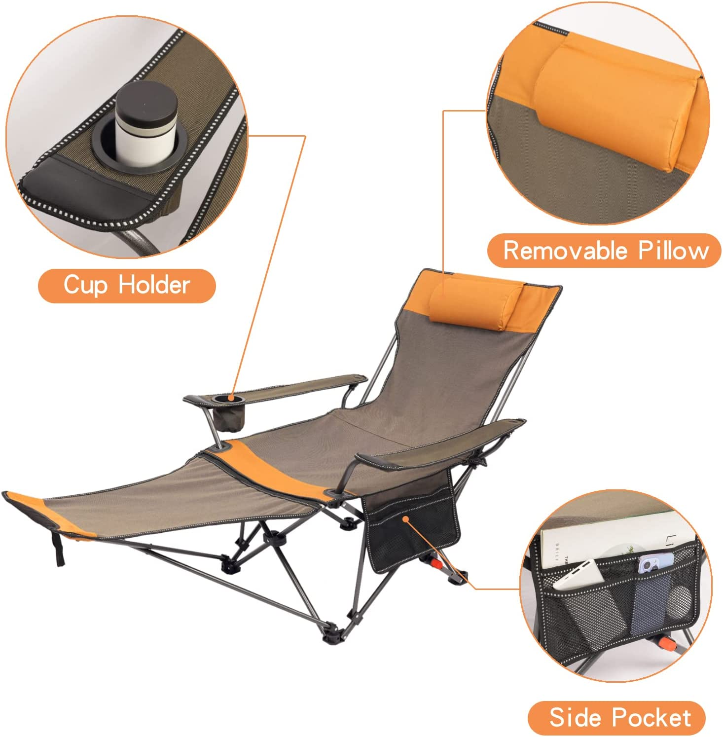 Woqi Lightweight Reclining Lounge Chairs with Pillow Cup Holder and Side Pocket for Outdoor Camping Chair