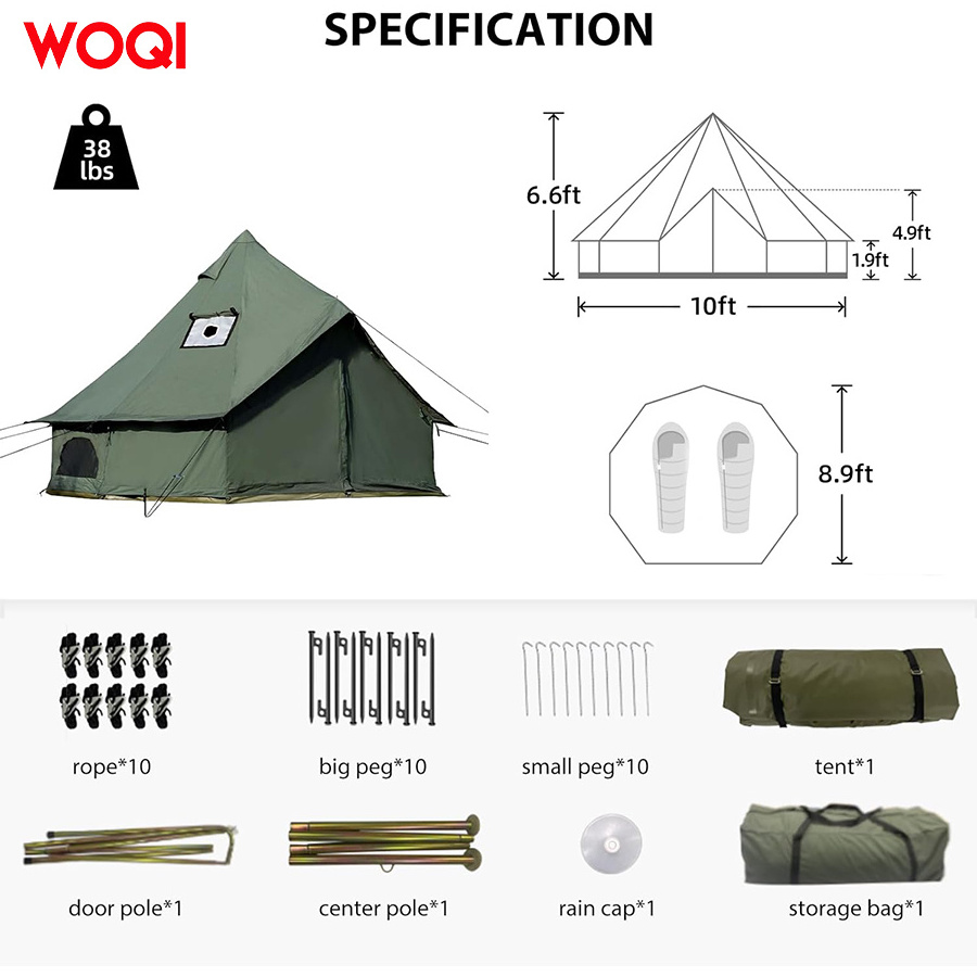 WOQI cotton canvas bell shaped tent with stove, suitable for family camping tent, four season tent with zipper detachable floor