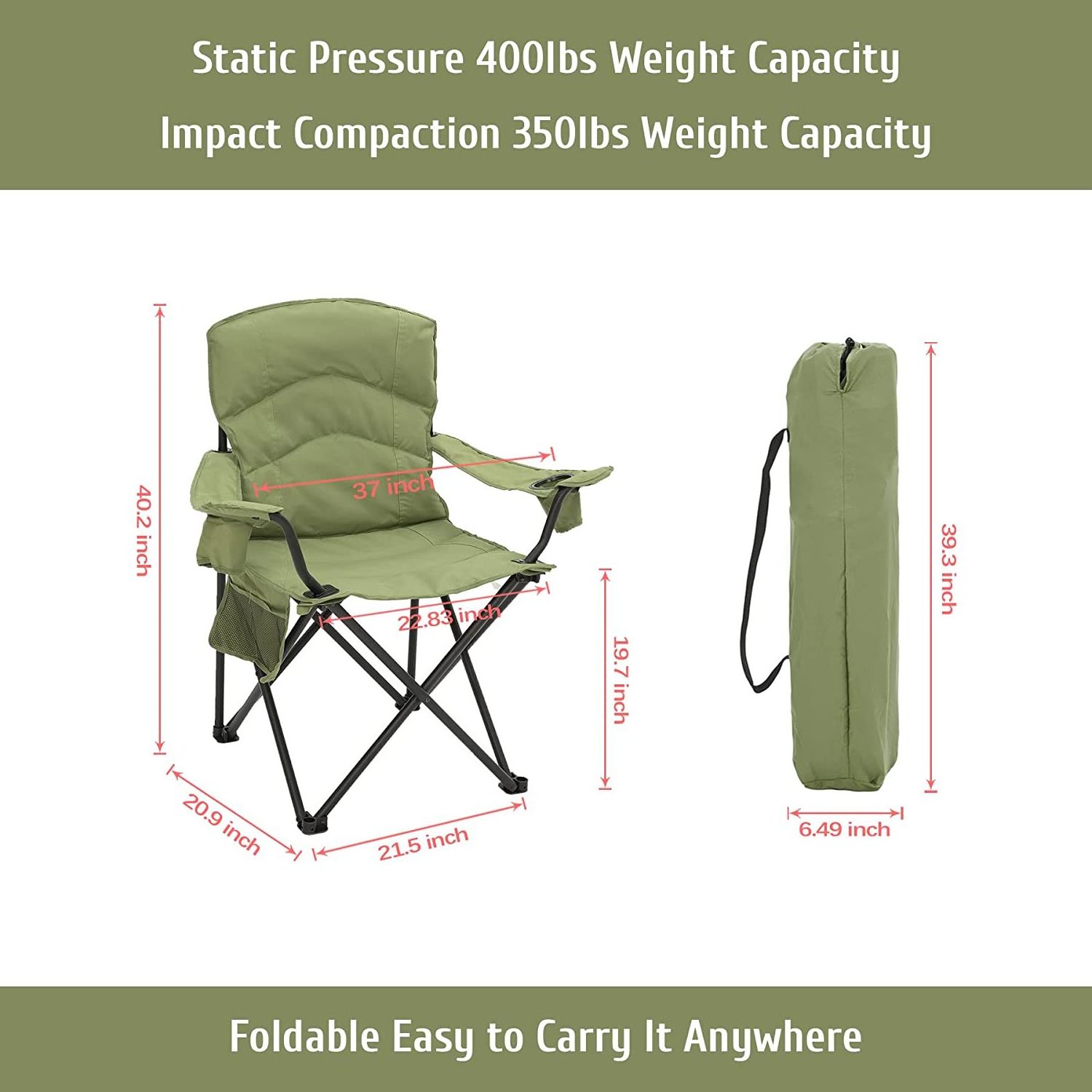 WOQI Durable Camping Chair Oversized Padded Lawn Chairs Folding Arm Chair with Cooler Bag