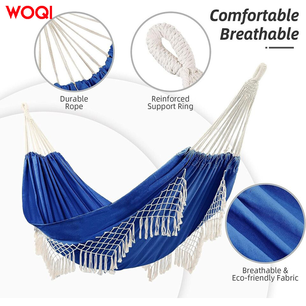 WOQI Indoor and Outdoor Garden Bohemian Cotton Tassel Hammock 2 Durable Swing Hammock (Blue)