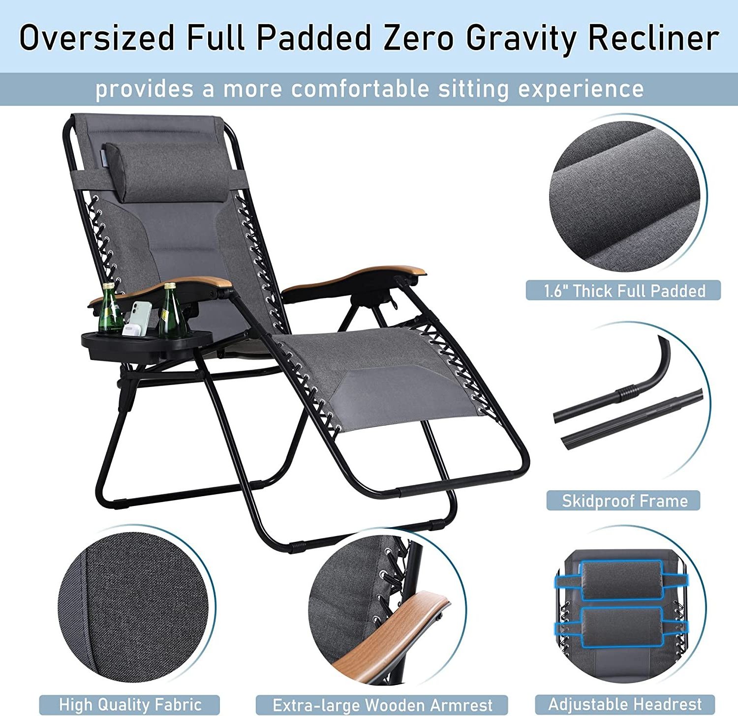 WOQI Adjustable Outdoor Beach Folding Lounge Zero Gravity Chair with Cup Holder for Winter warm