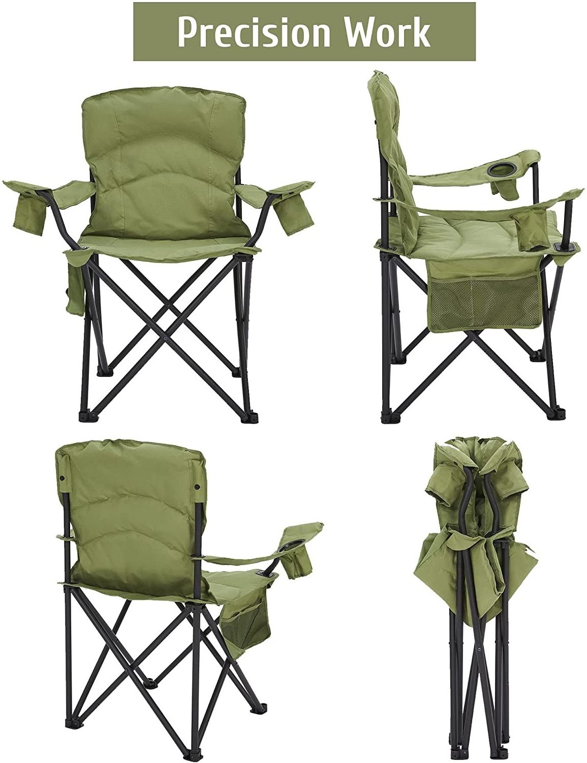 WOQI Durable Camping Chair Oversized Padded Lawn Chairs Folding Arm Chair with Cooler Bag