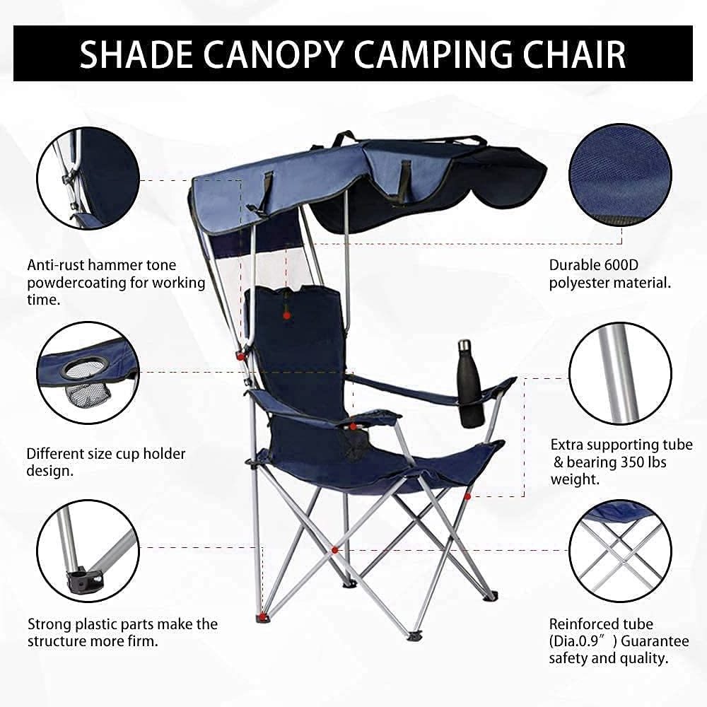 WOQI Portable Camping Chair Beach Chair with Canopy Shade Folding Lightweight Portable Fishing Chairs with Cup Holder for Adults