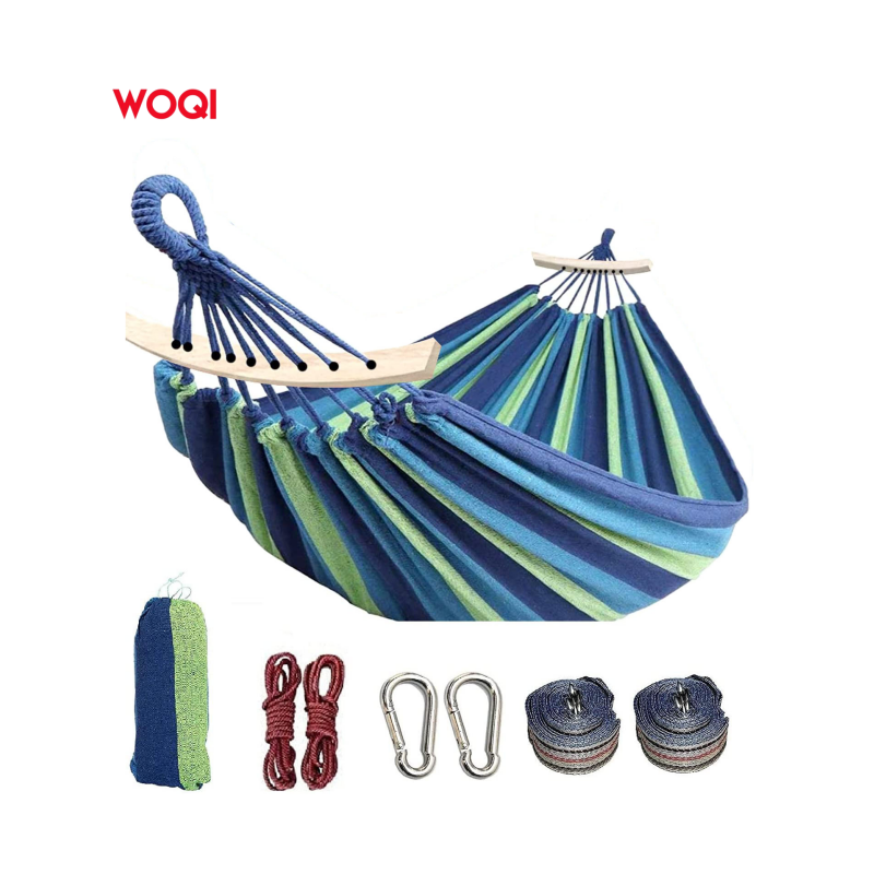 WOQI OEM ODM Free Standing Swing Folding Cotton Knit Hammocks Bed with Tree Straps Carry Bag for Nest Garden  Leisure