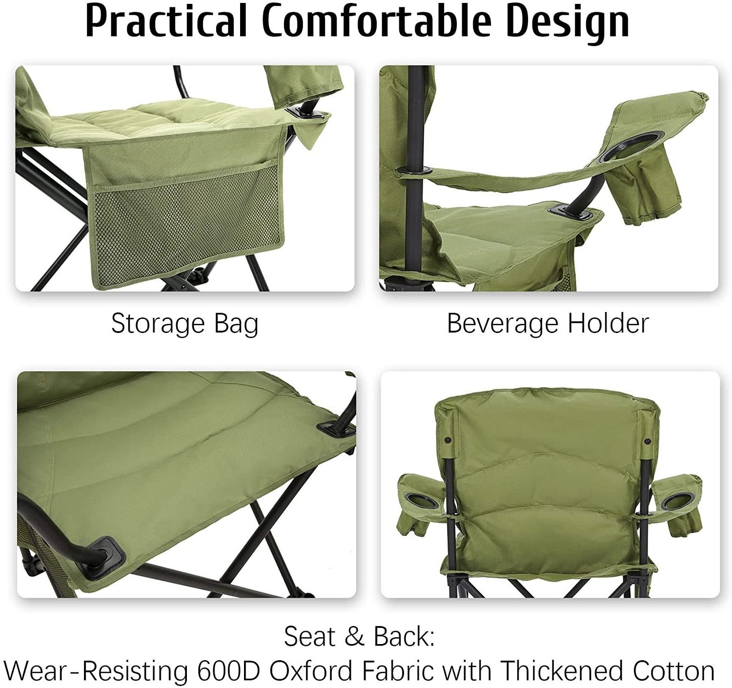 WOQI Durable Camping Chair Oversized Padded Lawn Chairs Folding Arm Chair with Cooler Bag