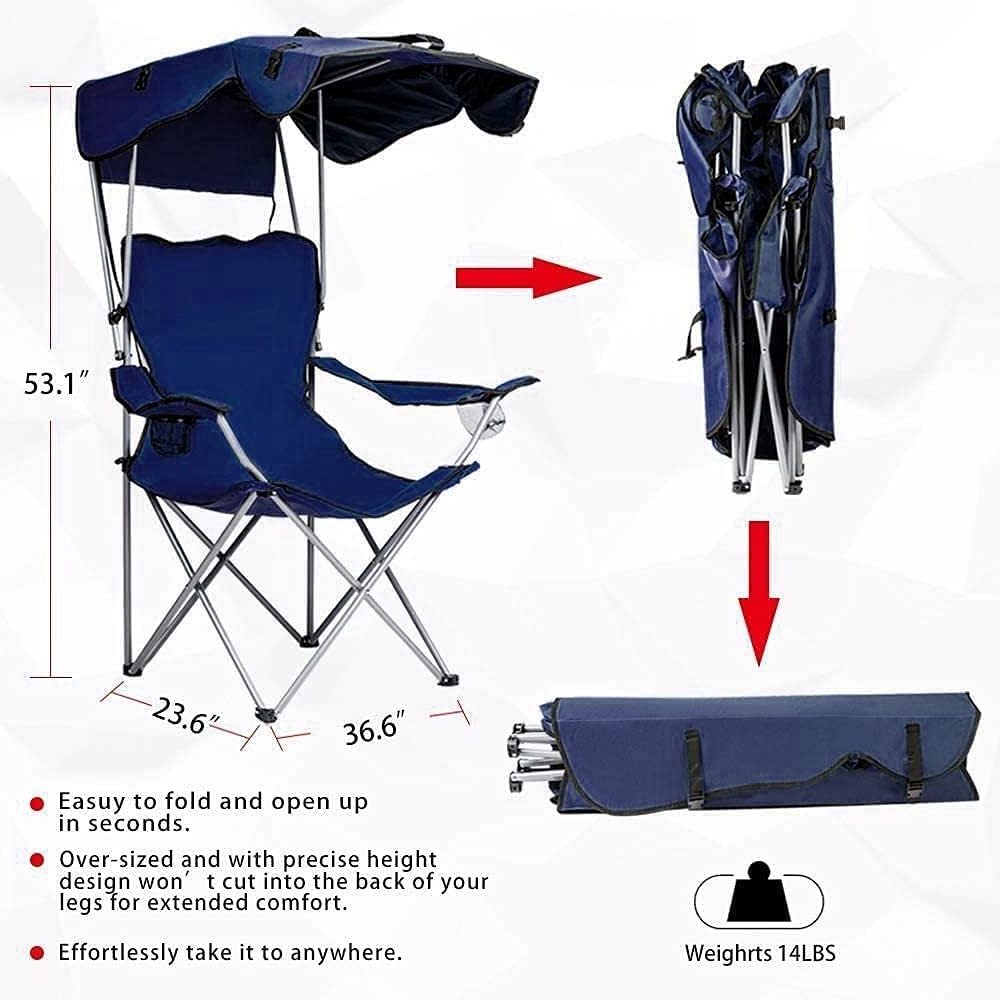 WOQI Portable Camping Chair Beach Chair with Canopy Shade Folding Lightweight Portable Fishing Chairs with Cup Holder for Adults