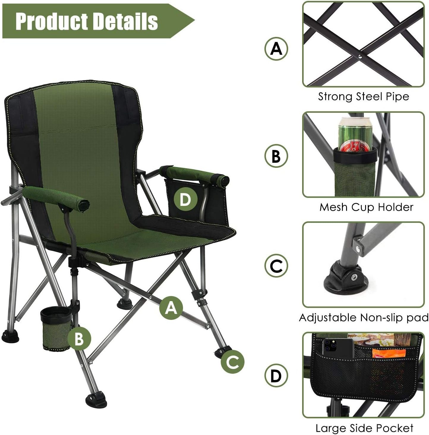 WOQI Camping Chair for Heavy People Oversized Outdoor Chairs with Cup Holder and Storage Bag