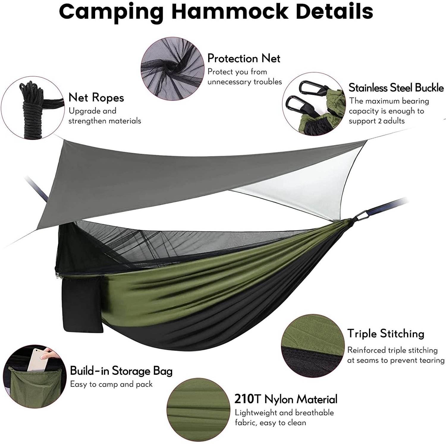 Woqi  Heavy Duty   Camping  2 Person Waterproof Lightweight Nylon Portable Hammock with Net Tent  Tree Straps