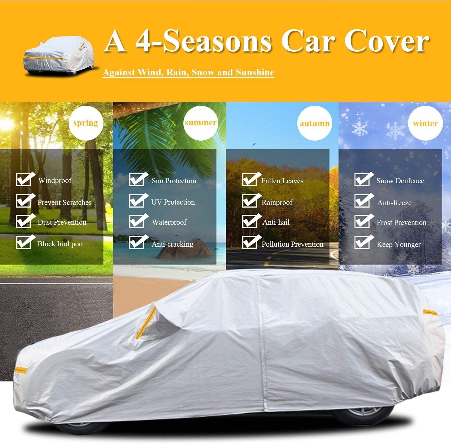 Woqi Waterproof All Weather 6 Layers Outdoor Car Cover for Automobiles Full Cover Rain Sun Wind Hail Protection SUV Car Cover