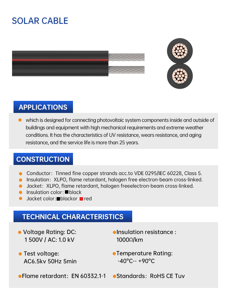 Solar Dc Pv Solar Cable 6mm 4mm 10mm 16mm  solar panel wire with tuv for power systems