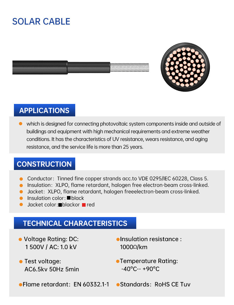 Solar Dc Pv Solar Cable 6mm 4mm 10mm 16mm  solar panel wire with tuv for power systems