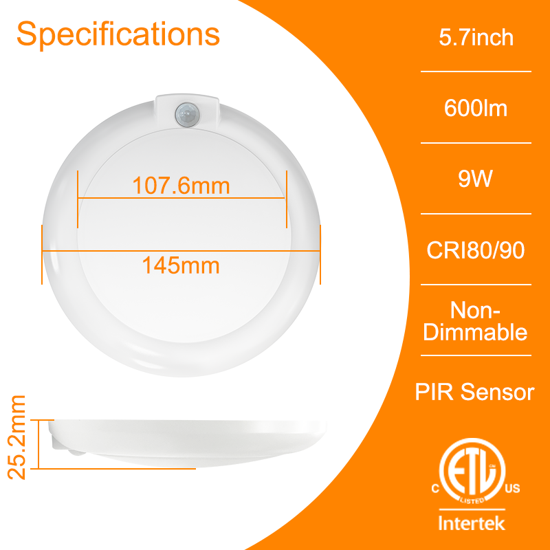 5 Inch LED Disk Light with Motion Sensor Low Profile J-BOX Flush Mount Ceiling Lighting Fixture 9W ETL