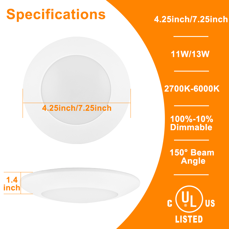 Worbest Triac Dimming 4 Inch 700 Lm 5000K LED Disk Light White Finish Flush Mount Fixture Low Profile Ceiling Light