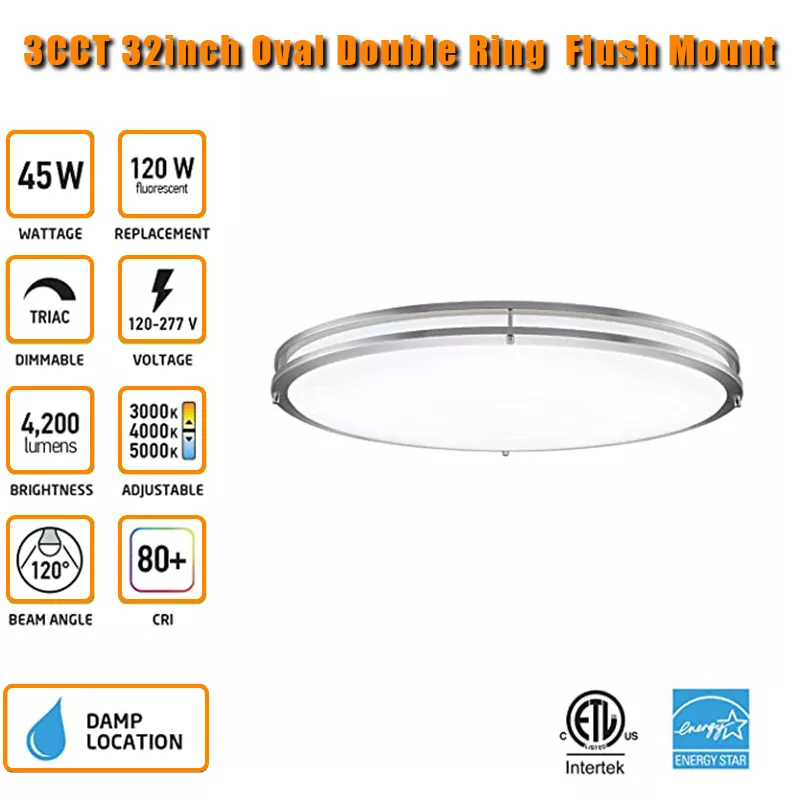 Worbest AC120V 32Inch 42W Double Ring Oval LED Ceiling Light Brushed Nickel 3CCT Adjustable CRI80 for Indoor LED Light Fixture