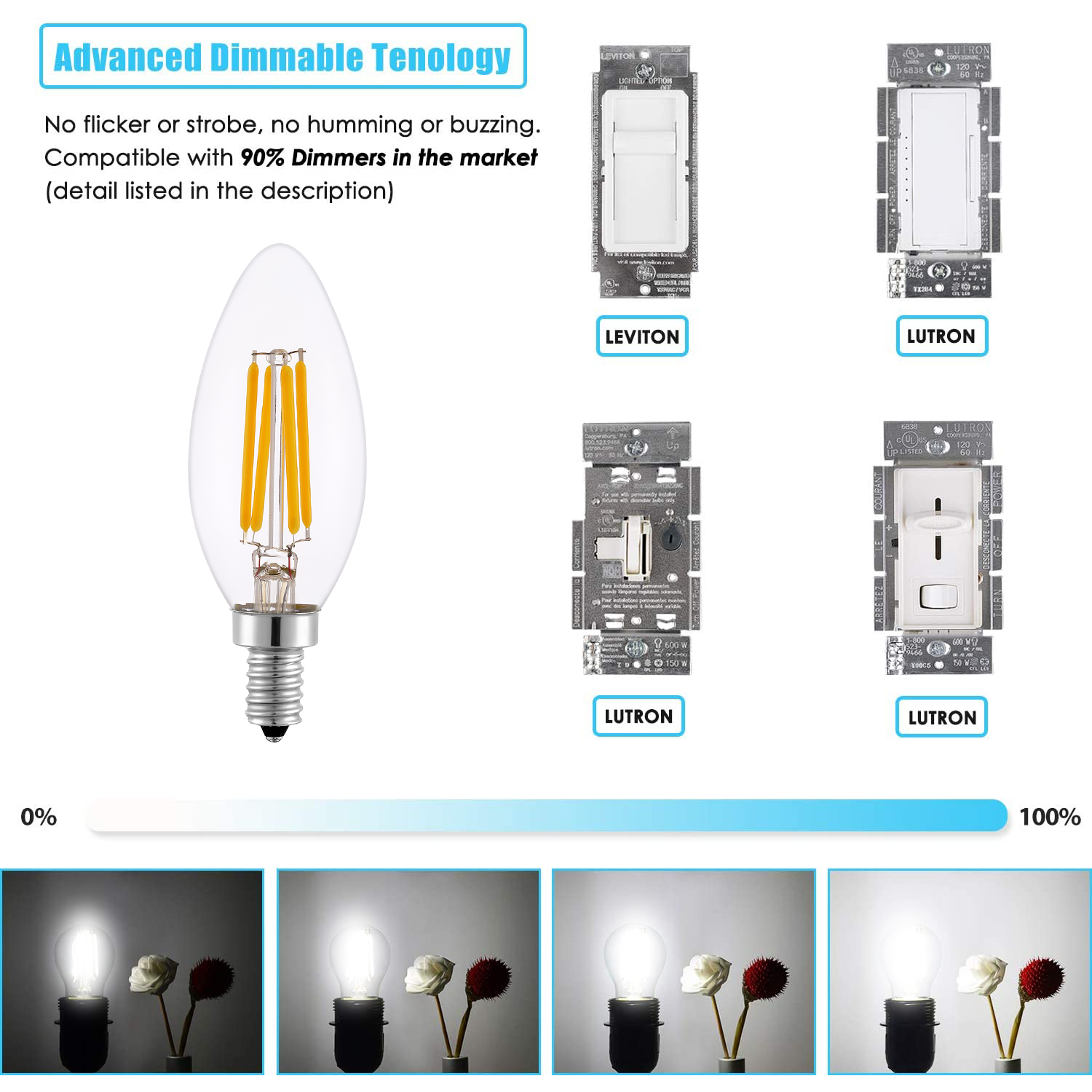 Worbest Indoor Lighting E12 Base Candelabra C35 LED Filament Bulb 2700K-5000K CCT Triac Dimmable Three Year Warranty