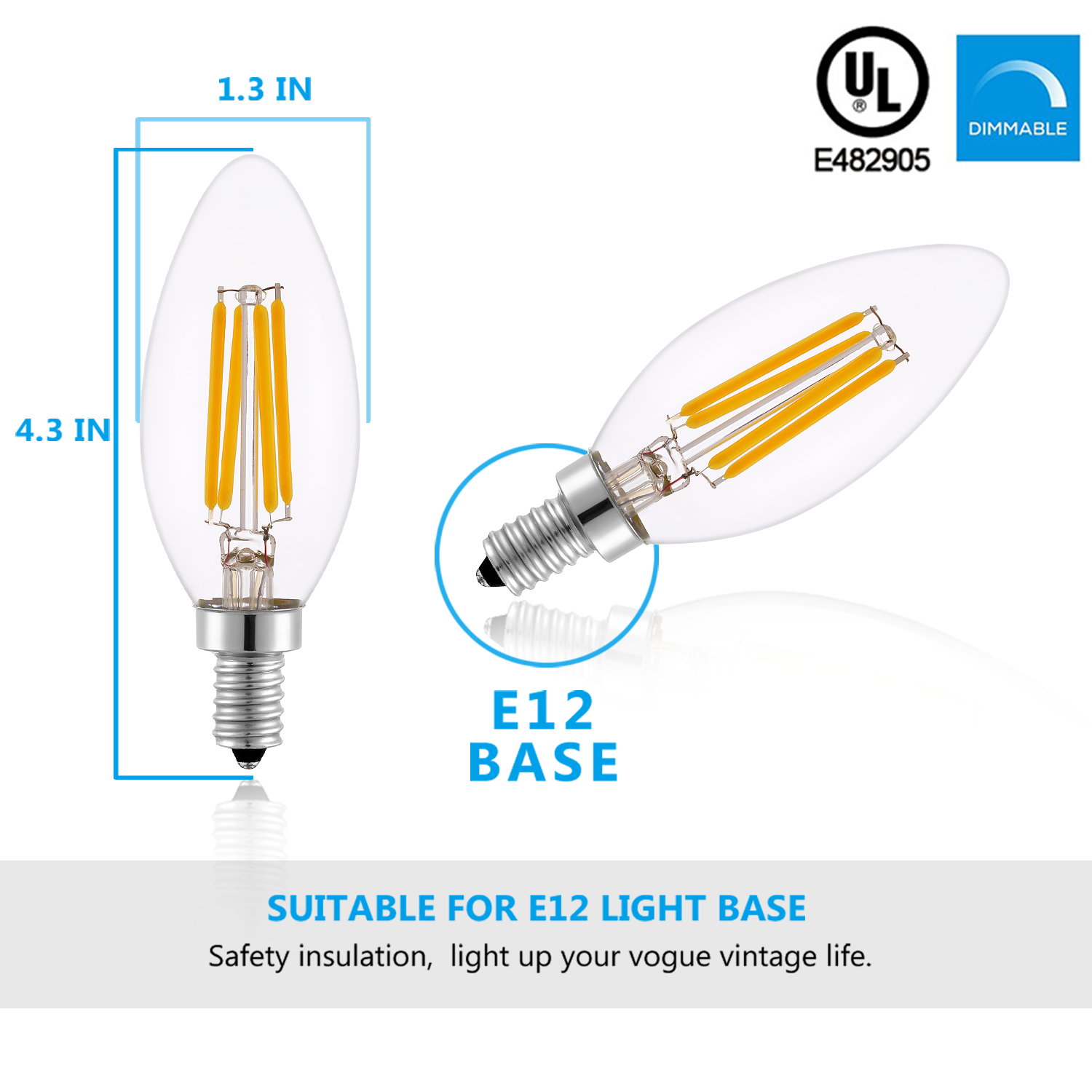 Worbest Indoor Lighting E12 Base Candelabra C35 LED Filament Bulb 2700K-5000K CCT Triac Dimmable Three Year Warranty