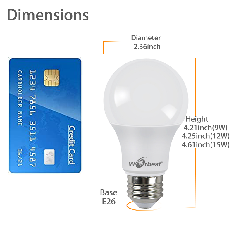 Worbest 60W/75W/100W Equivalent A19 LED Light Bulb 2700K-5000K CCT 100%-10% Triac Dimmable Beam Angle 220 Degree