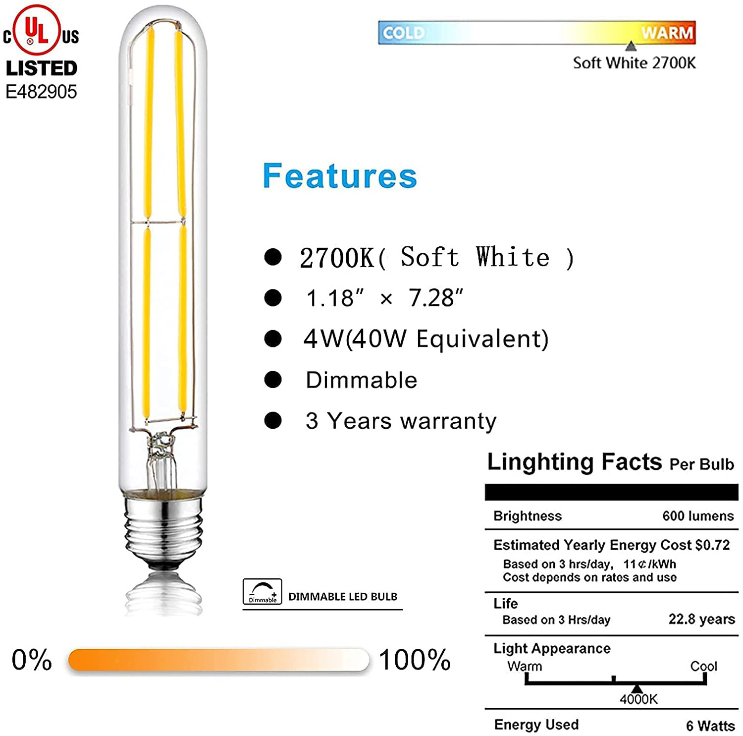 Worbest CUL Certification T10 LED Filament Bulbs 8inch 4W Equivalent 40W 120V 80CRI 2700K-6000K Select Indoor Lighting