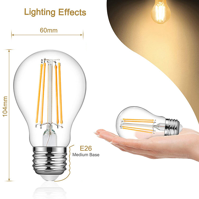 Worbest 2700K-6000K Select Triac Dimmable A19 A60 LED Filament Bulbs 25/45/60 Equivalent Beam Angle 360 Degree