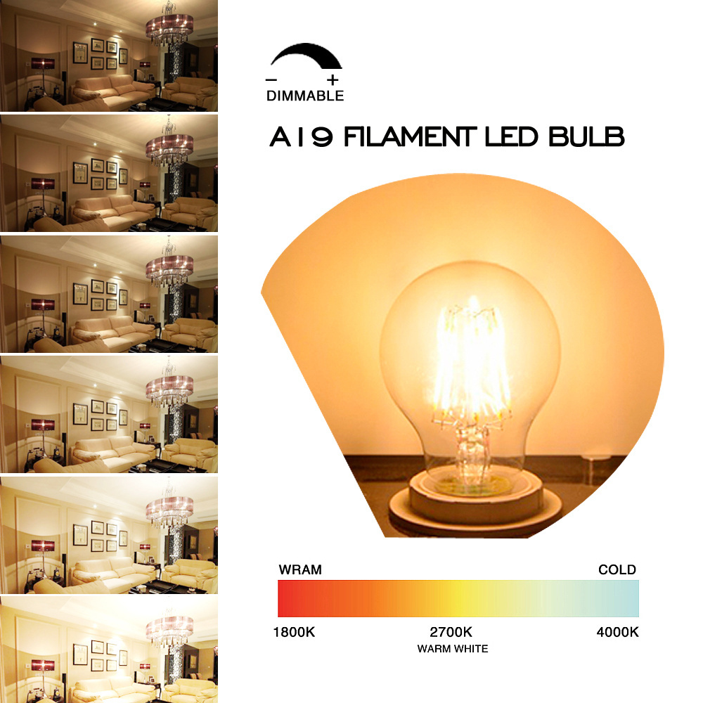 Worbest 2700K-6000K Select Triac Dimmable A19 A60 LED Filament Bulbs 25/45/60 Equivalent Beam Angle 360 Degree