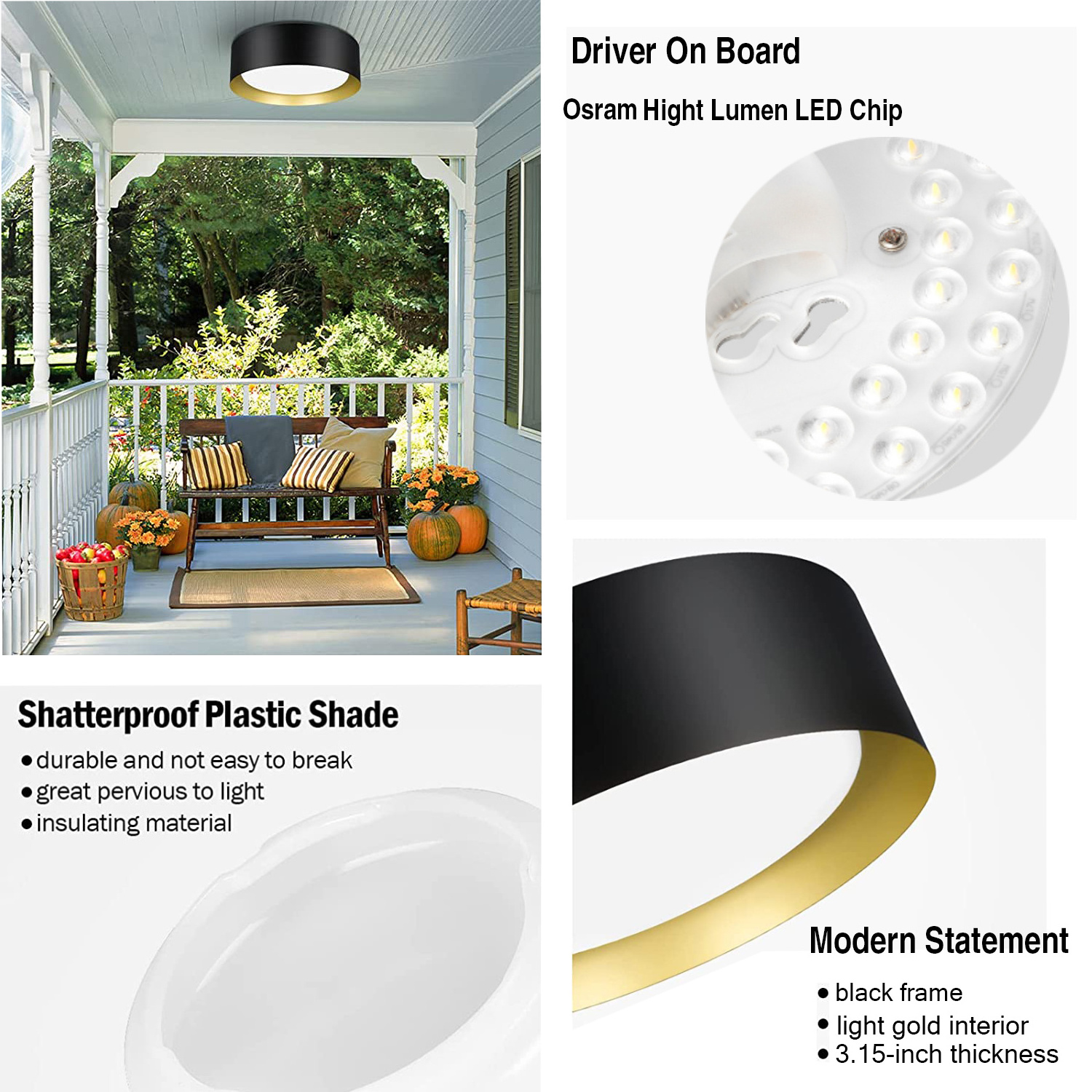 Worbest Round LED Lighting Soft Light Mount Modern Style Ceiling Light Black Gold LED Flush Mount for Living Room Home Ceiling