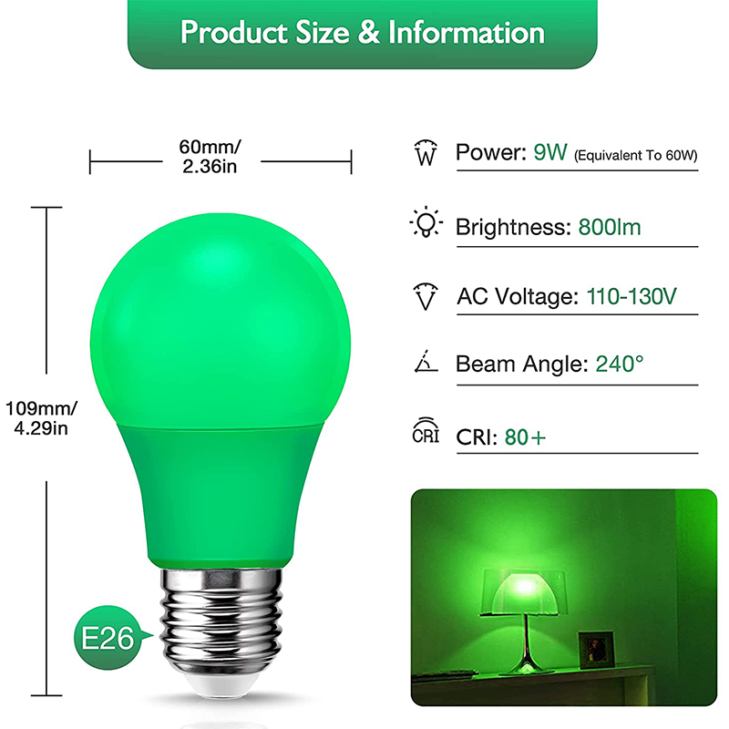 Worbest Hot Sale A19 Green LED Bulb 15W Euqivalent 100W 1500lm E26 Dimmable Romantic Bulb for Decoration Indoor Lighting