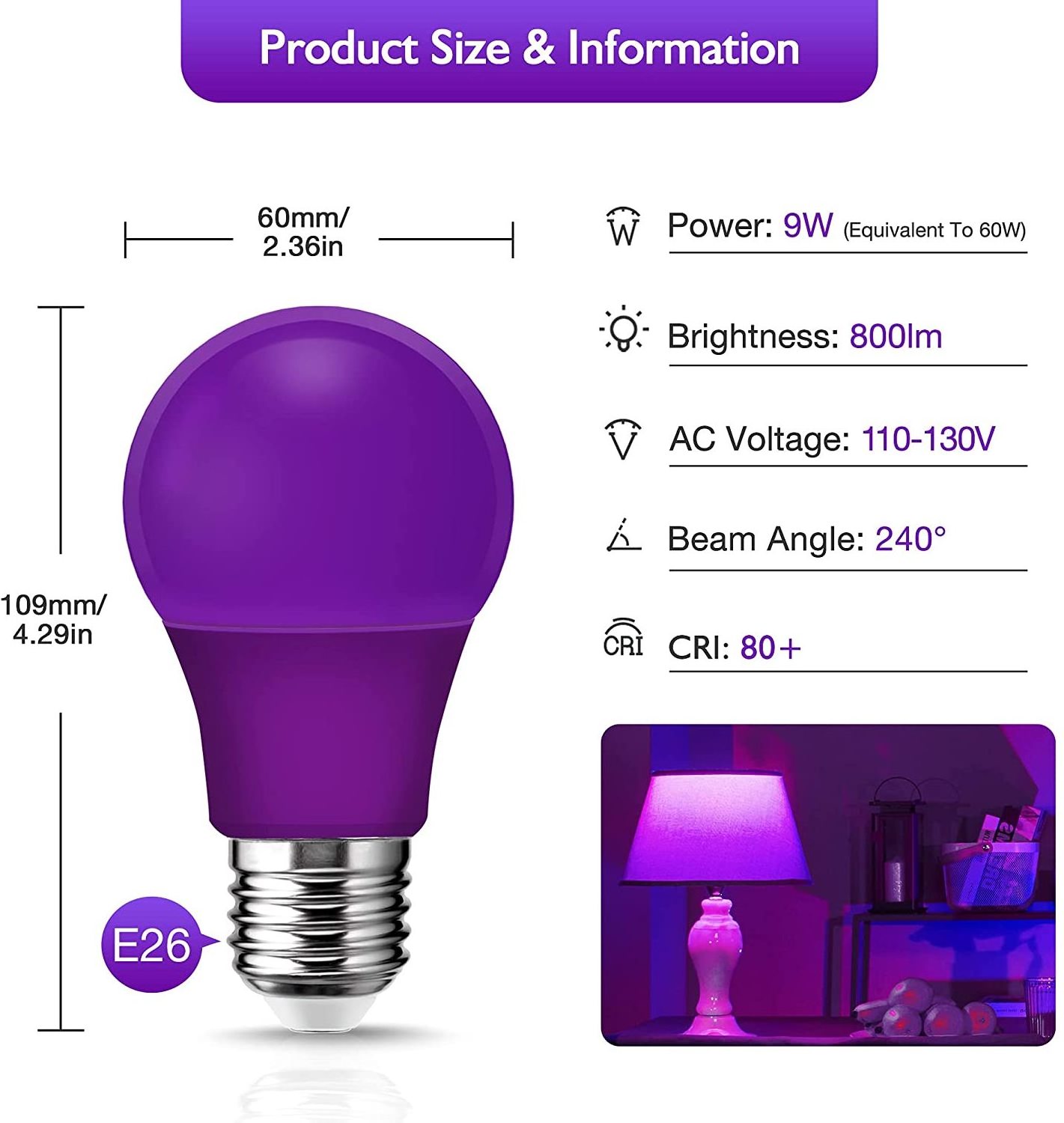 Worbest Energy Saving A19 Purple Bulb CCT Tunable Triac Dimmable 15W Euqivalent 100W Damp Location Lighting UL