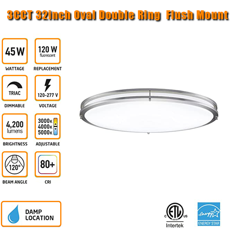 Worbest 32Inch Modern Simple Double Ring Oval LED Ceiling Lights 2700K-6000K 3CCT Dimming ETL/cETL Certifivation Indoor Lighting