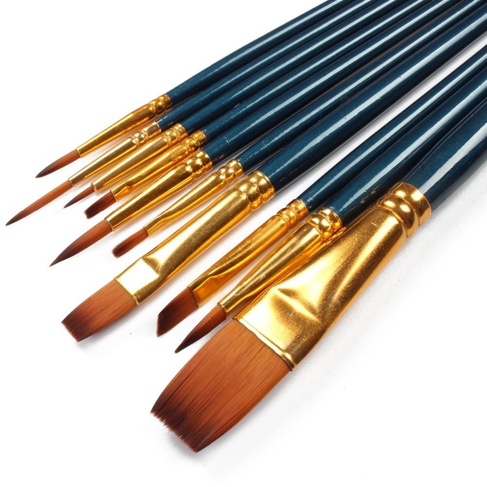 10Pcs Artist Paint Brush Set Nylon Hair Wood Handle Different Shape Oil Paint Brush Art Supplies