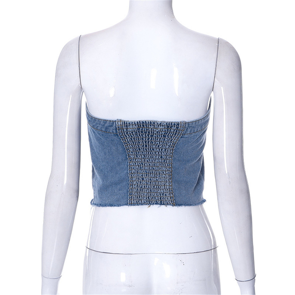 2023 Denim Pocket Design Button Vest Women Sexy Bare Midriff Wrapped Chest Sleeveless Strapless Crop Top