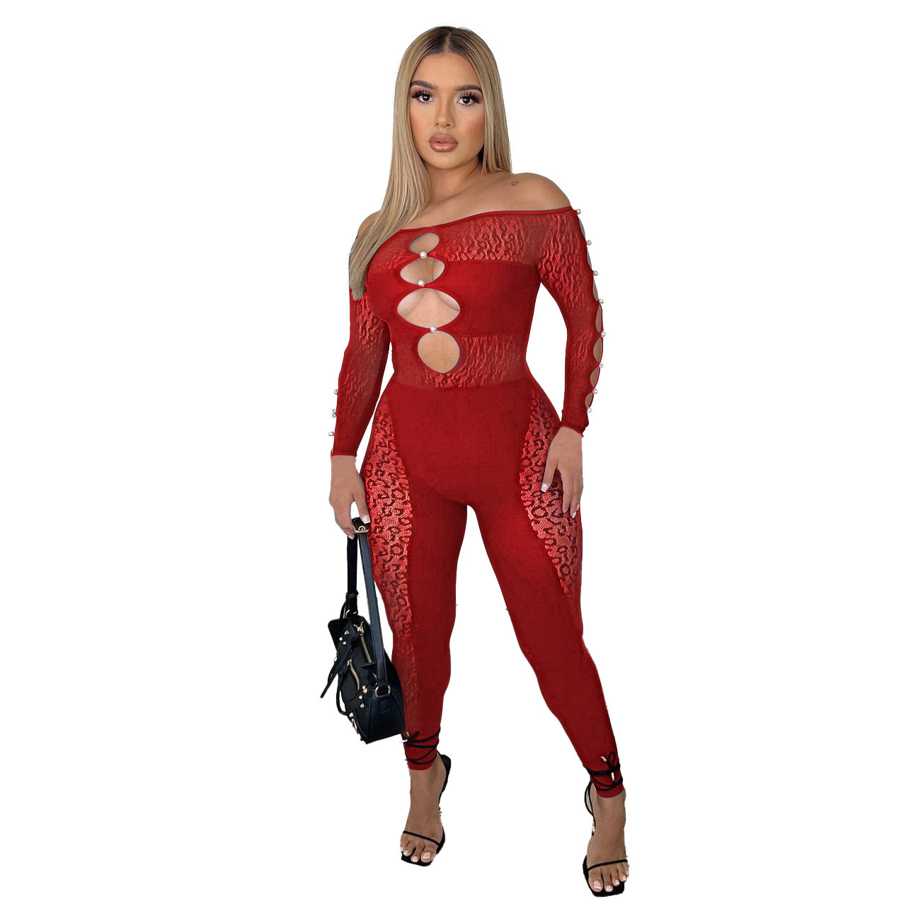 2023 See-Through One Piece Leopard Print Pearl Button Off-Shoulder Playsuits Sexy Romper Mesh Jumpsuit For Women