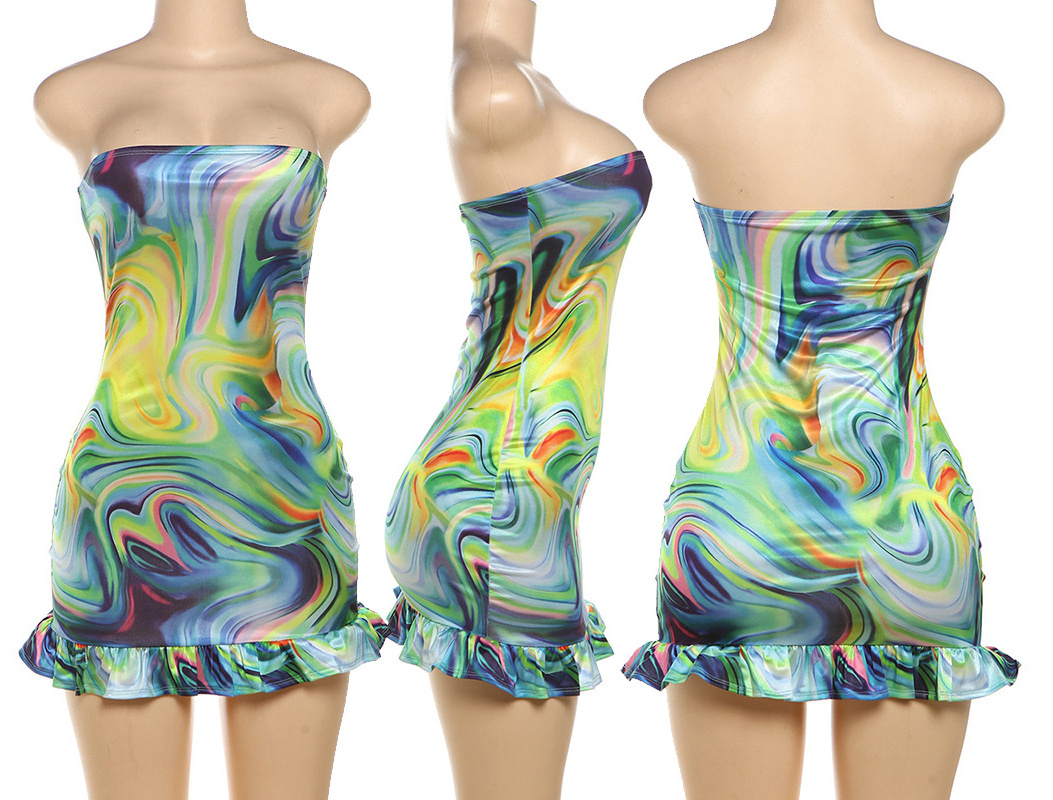 2024 Spring Summer New Women's Sexy Abstract Print Bandeau Trim Bodycon Evening  Mini Dress