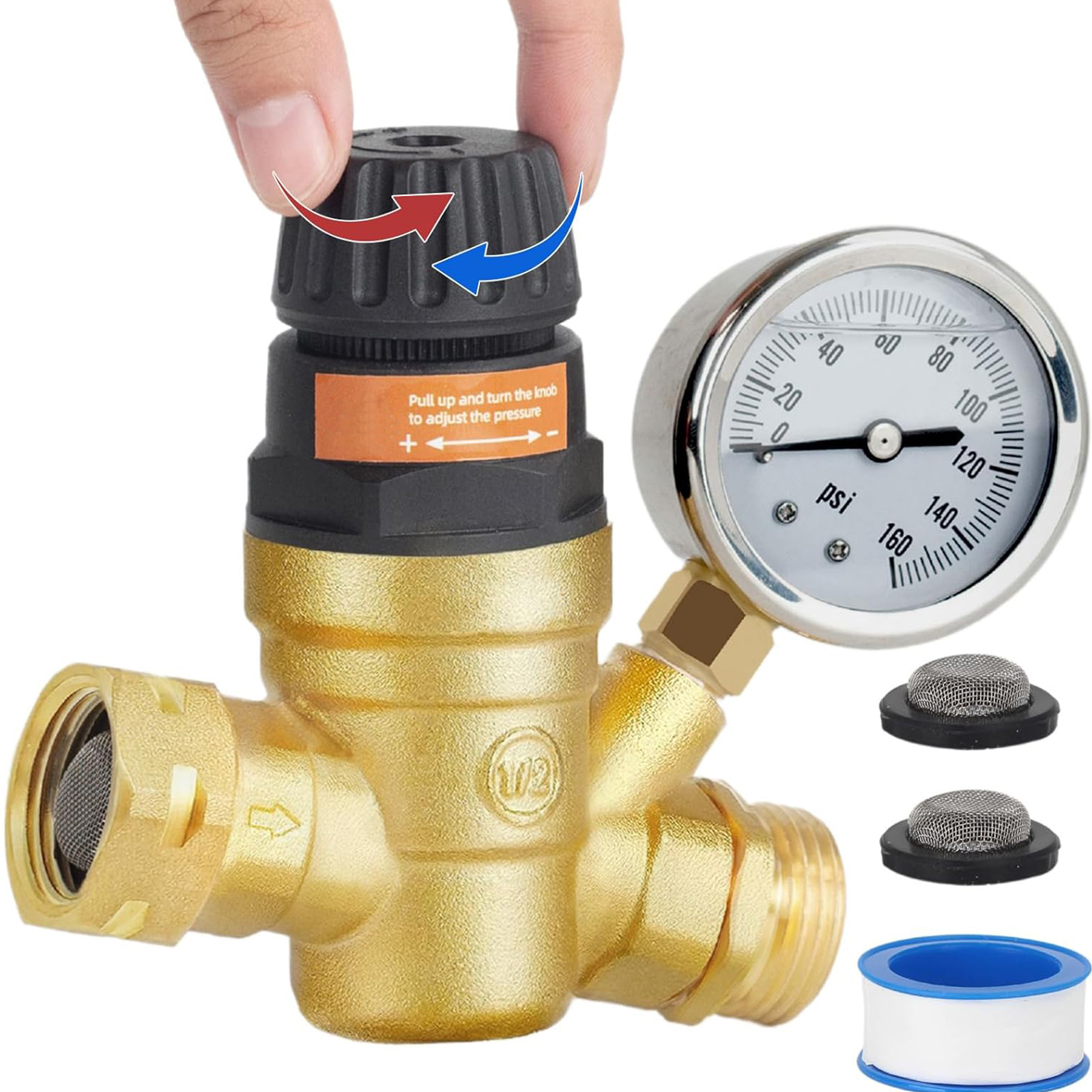 RV Water Pressure Regulator Valve with Handle Adjustable, Silicone Oil Gauge, for Camper Travel Trailer Water Pressure Control