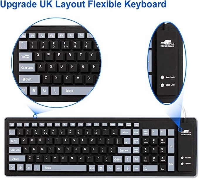 Upgrade Spanish Flexible Keyboard,Waterproof Foldable Portable Soft Silicone Keyboard USB Wired Roll-up Silica Gel Computer PC