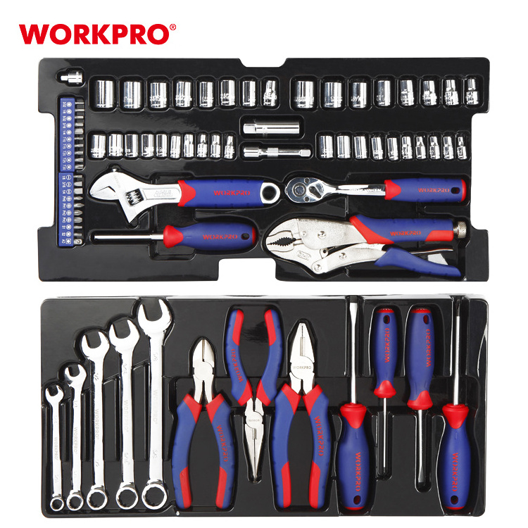 WORKPRO 76 PC Mechanical Tools Kit with Tool bag Storage Case Hand Metal File 3-Drawer Heavy Duty Metal Box