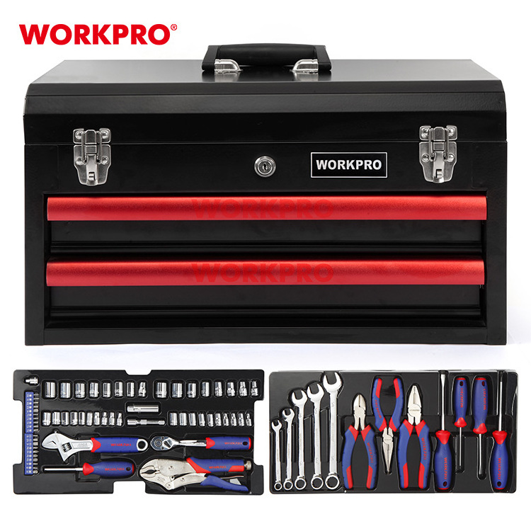 WORKPRO 76 PC Mechanical Tools Kit with Tool bag Storage Case Hand Metal File 3-Drawer Heavy Duty Metal Box