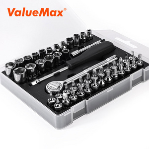 WORKPRO 47PC 1/4' DR. Socket Sets with Extension Bar Ratchet Handle Spinner Handle Bits Transparent Plastic Case Socket Set